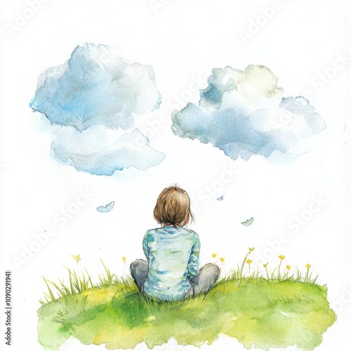 Watercolor painting of a person sitting by a park lake, with calm water reflecting the trees and sky, on isolated white background