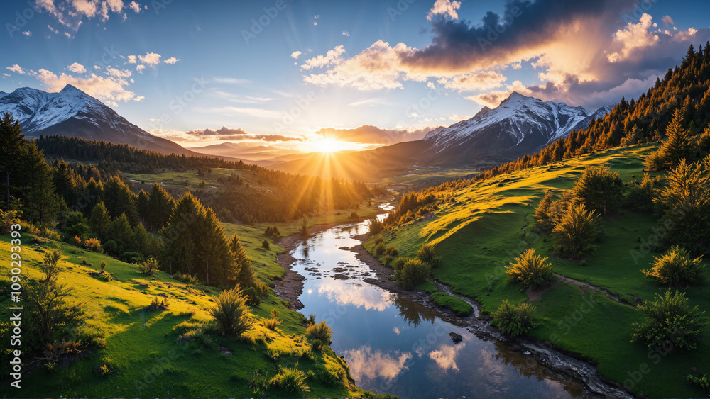 A serene river flows through a lush valley with pine trees, under a dramatic sunset sky. Snow-capped mountains rise in the background, bathed in warm golden light. A serene river flows through a lush valley with pine trees, under a dramatic sunset sky. Snow-capped mountains rise in the background, bathed in warm golden light.