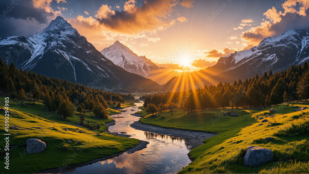 Obraz premium A serene river flows through a lush valley with pine trees, under a dramatic sunset sky. Snow-capped mountains rise in the background, bathed in warm golden light.