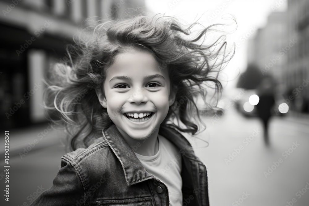 Portrait of a beautiful little girl with flying hair in the city