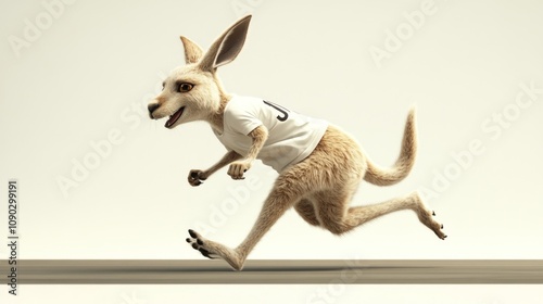 A cartoon kangaroo in a T-shirt runs energetically across a plain background. photo