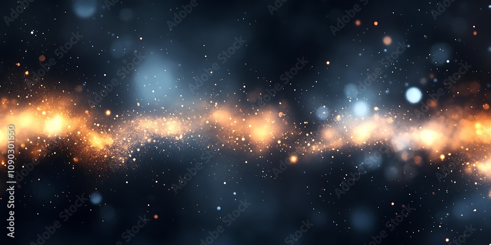 Obraz premium Abstract golden particles swirling on a dark blue background.