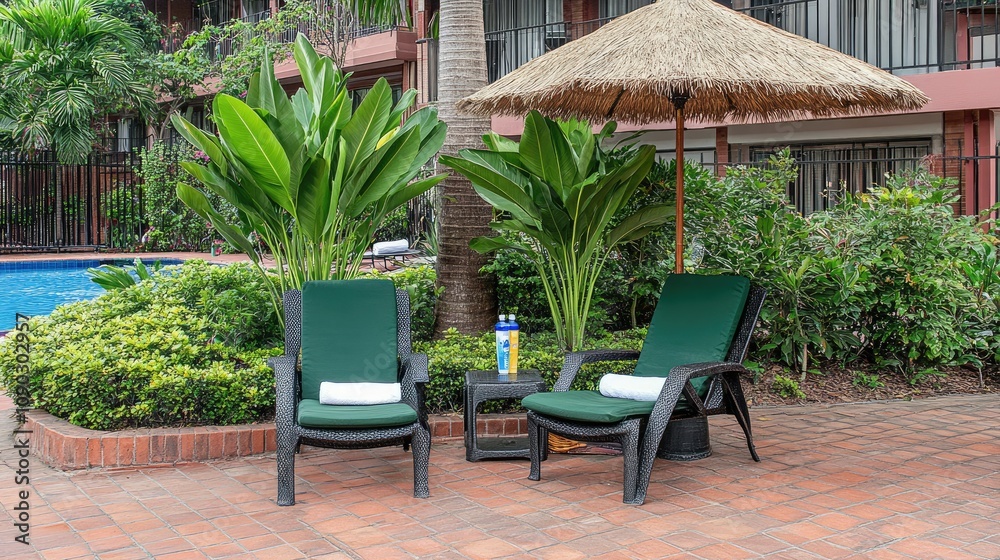 Obraz premium Serene Poolside Chairs Under a Straw Umbrella Surrounded by Lush Green Foliage, Creating a Perfect Relaxation Spot in a Tropical Setting