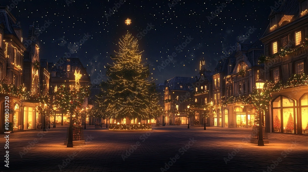 Naklejka premium A beautifully lit town square with a grand Christmas tree and twinkling lights.