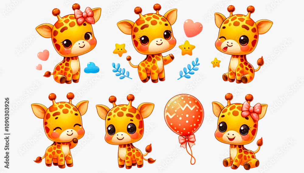 Obraz premium A watercolor clipart set of cute giraffes with many expressions isolated on a white background