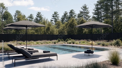 Wallpaper Mural Modern Outdoor Swimming Pool Scene with Stylish Sun Loungers and Umbrellas Surrounded by Lush Greenery and Trees in Bright Daylight Torontodigital.ca