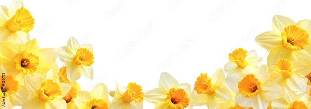 A vibrant arrangement of yellow daffodils against a white background. A vibrant arrangement of yellow daffodils against a white background.