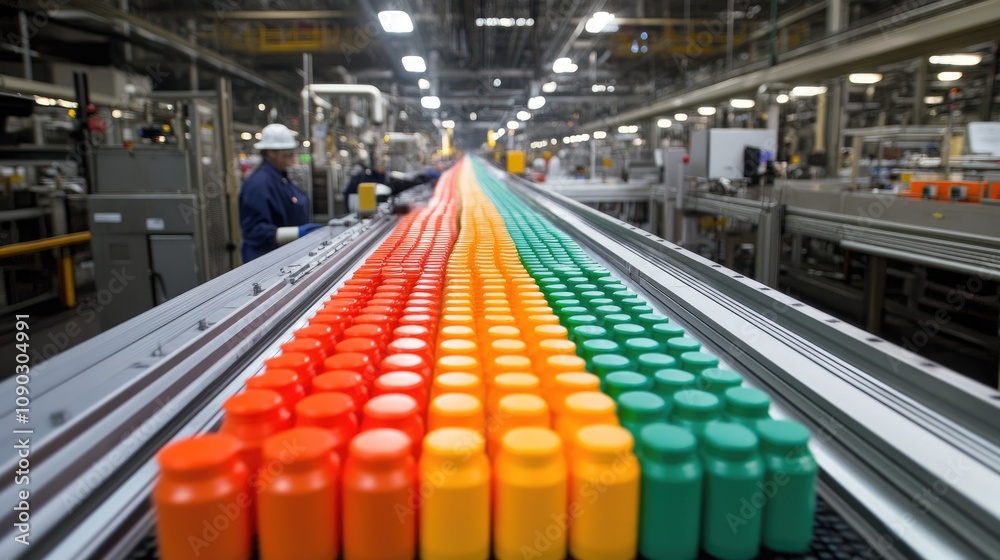 Fototapeta premium Vibrant Production Line with Colorful Bottles in a Modern Factory Setting Showcasing Efficiency and Organization in Beverage Manufacturing Process