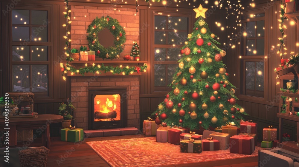 Obraz premium A cozy corner with a Christmas tree, presents, and soft fairy lights.