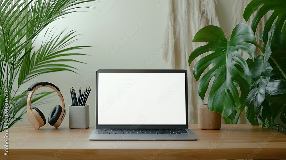 Fototapeta premium Home office setup featuring laptop indoor plants minimalist design cozy environment modern concept