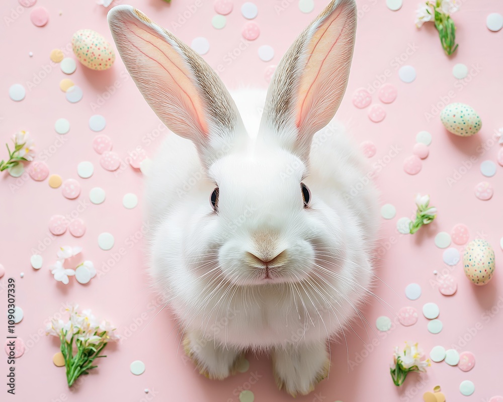 Obraz premium A fluffy white bunny surrounded by pastel Easter eggs and delicate flowers, radiating charm and the joy of spring.
