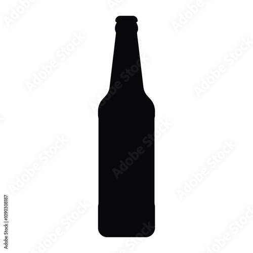 Glass beer bottle vector icon. Black silhouette. Pub, bar concept. Brewery pictogram. Alcohol beverage label design. Isolated on white background.