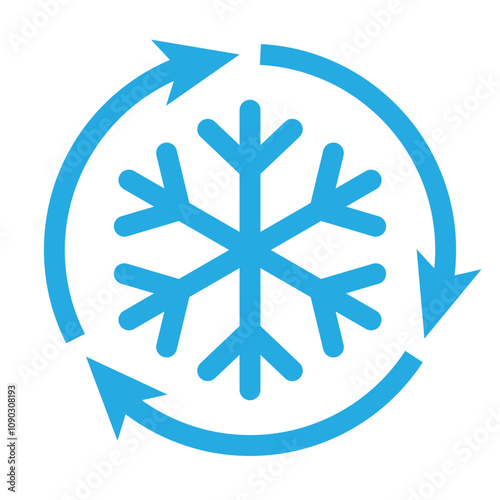 Freezer control vector icon. Cold Temperature symbol. Freezing, auto cooling or defrost flat sign. Air conditioning pictogram. Snowflake with three rotation arrows. Isolated on white background.