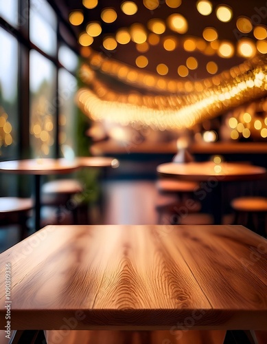 Blurred background of tables and chairs, highlighting the wooden table in a warm and inviting setting