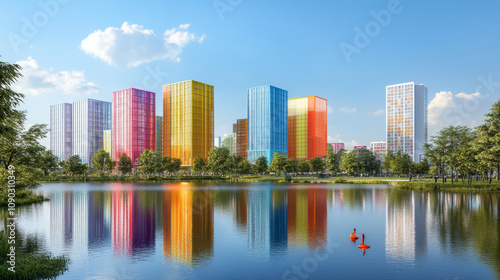 Modern buildings with colorful glass walls face a lake. A 3D image.