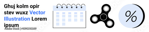 Calendar, fidget spinner, and percentage symbol. Ideal for productivity apps, activity planning, financial analysis, time management tools, stress relief apps, education resources, and business