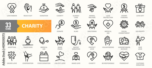 A set of 33 charity-themed icons representing acts of kindness, support, and humanitarian efforts, including donations, volunteering, medical aid, adoption, and social commitment in line-art style.