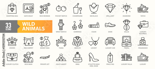 A collection of 33 luxury-themed icons representing wealth, high-end items, and opulence, including diamonds, yachts, private jets, gold bars, jewelry, luxury cars, and red carpets in line-art style.