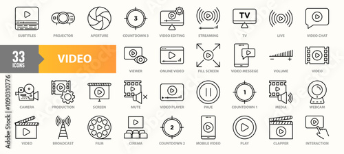 A collection of 33 video-themed icons representing various aspects of video production and streaming, including cameras, editing, playback, broadcasting, cinema, and online interaction in line-art sty
