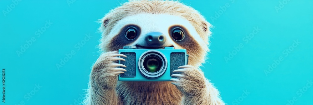 Naklejka premium A cute sloth holding a camera, ready to take a photo against a bright blue background.