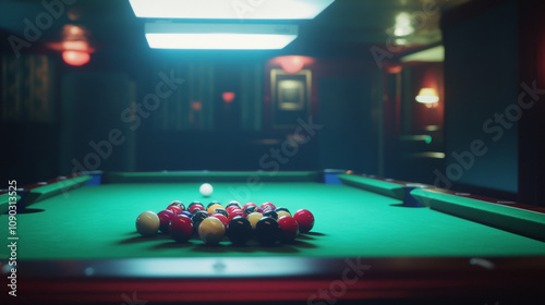 A brightly lit snooker table, full of balls, makes a great backdrop for sports ads. photo