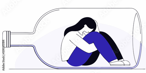 Female alcoholism concept. Unhappy woman sitting at empty alcohol drink bottle bottom hugging her knees. Sad drunk wife or alcoholic mother. Social issue, abuse, addiction. Flat vector Illustration