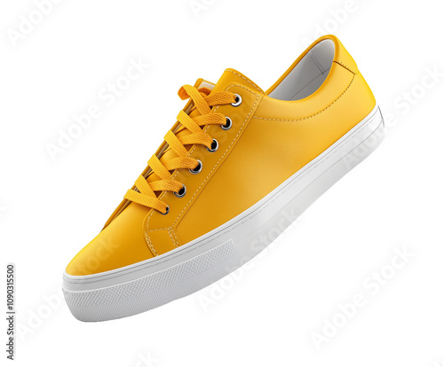 Yellow sneaker floating with untied laces, isolated on a white background, PNG transparent