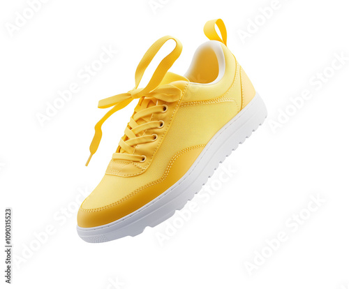 Yellow sneaker floating with untied laces, isolated on a white background, PNG transparent