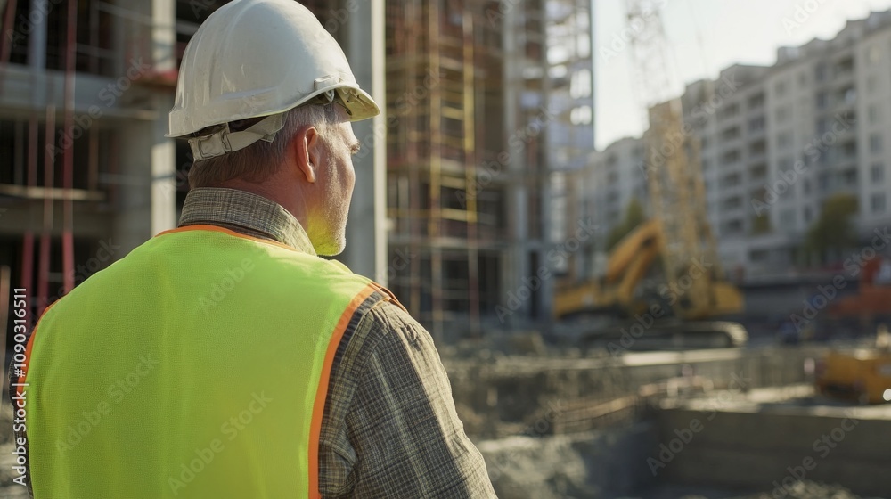 Fototapeta premium A detailed portrait of a construction foreman in safety gear, inspecting concrete pouring at a building foundation site, Foundation construction scene