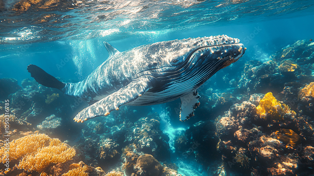 Fototapeta premium Majestic Humpback Whale Gliding Through Coral Reef