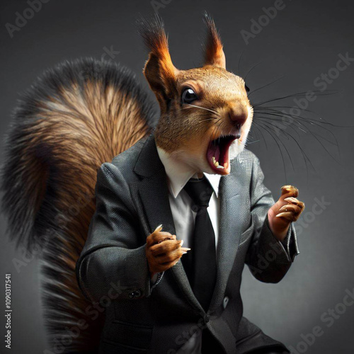 A squirrel wearing a suit and tie is making a face and yelling