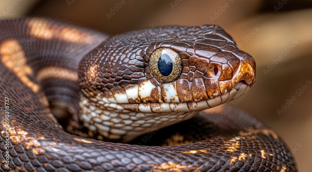 Close-up of a snake showcasing its intricate scales and striking eye detail. Close-up of a snake showcasing its intricate scales and striking eye detail.