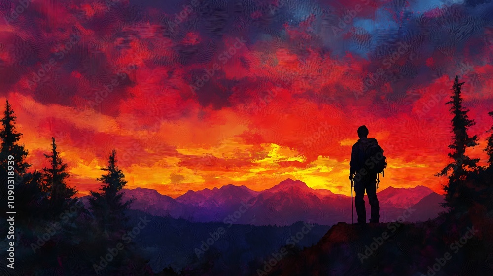 Fototapeta premium Silhouetted Hiker at Sunset