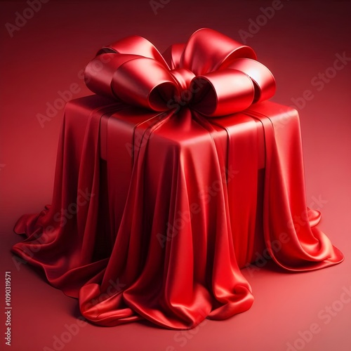 Red cloth fabric cover box or table 3d illustration, silk fabric draped over surprise gift, opening presentation banner, hidden secret under satin folded drape