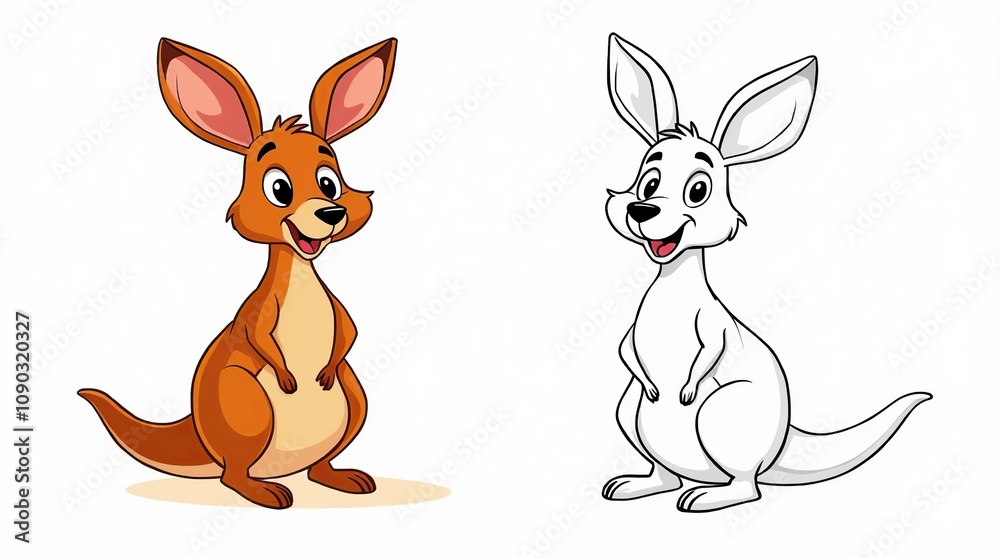 Fototapeta premium Adorable Kangaroo Cartoon with Colorful and Black-and-White Versions