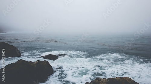 A moody, misty seascape with crashing waves on a rocky shore.