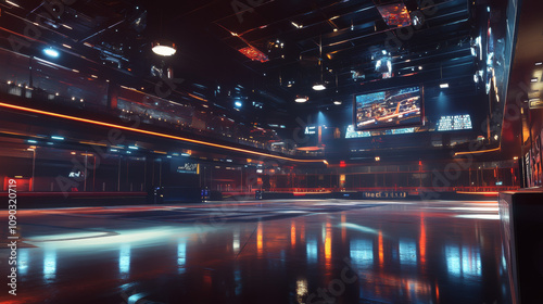 A shiny hockey arena at night, ready for a game.  Bright lights and excitement fill the air.  Perfect for ads. photo