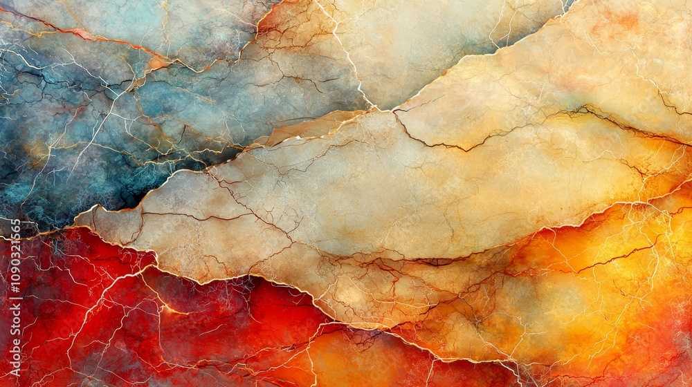 Fototapeta premium A painting of a red, orange, and blue abstract background