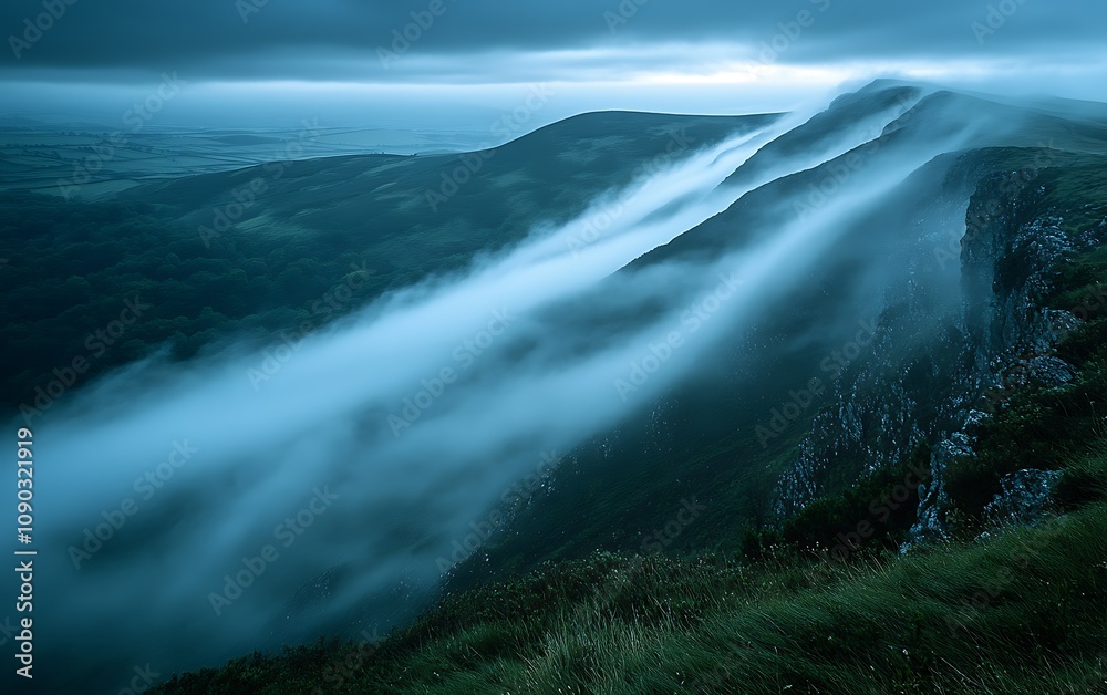 Obraz premium Fog rolling over green valley hills at dusk.
