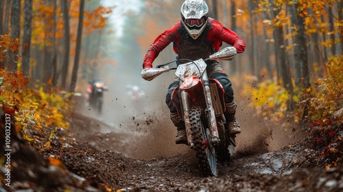 A motorcycle racer speeding down the track, leaning into a turn with precision and focus, showcasing high-speed action and competitive intensity photo