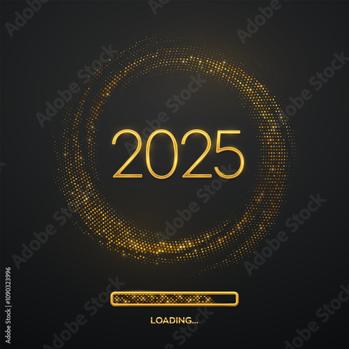 Happy New Year 2025. Golden metallic luxury numbers 2025 with loading bar on shimmering background. Bursting backdrop with glitters. Greeting card, festive poster or banner. Vector illustration.