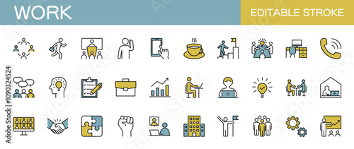働くこと、仕事、ビジネスに関するアイコンセット　編集可能　カラー