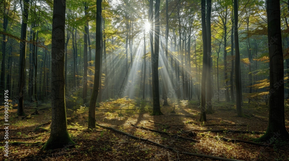 Fototapeta premium Serene Forest with Sunlight Filtering Through Trees