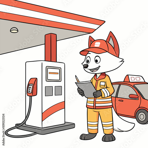 Friendly Fox as a Gas Station Attendant with a Bright Uniform