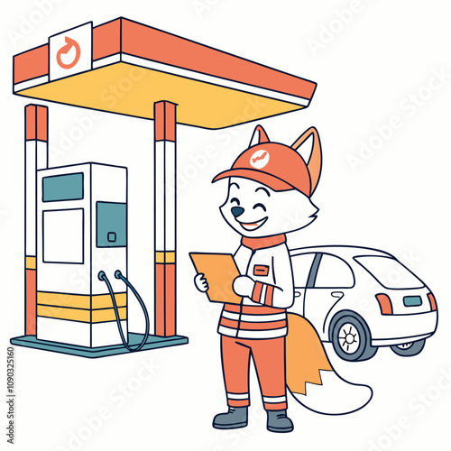 Friendly Fox as a Gas Station Attendant with a Bright Uniform