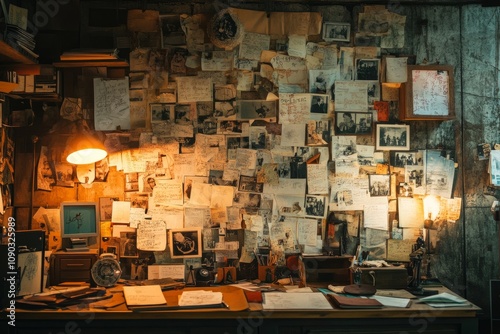 A wall covered in photos and notes, with the desk of a detective office illuminated by warm light.