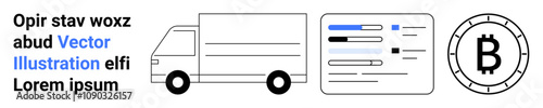 Truck, cryptocurrency coin with B symbol, text block with sample text, and a digital interface. Ideal for financial transactions, blockchain technology, delivery services, logistics, digital content