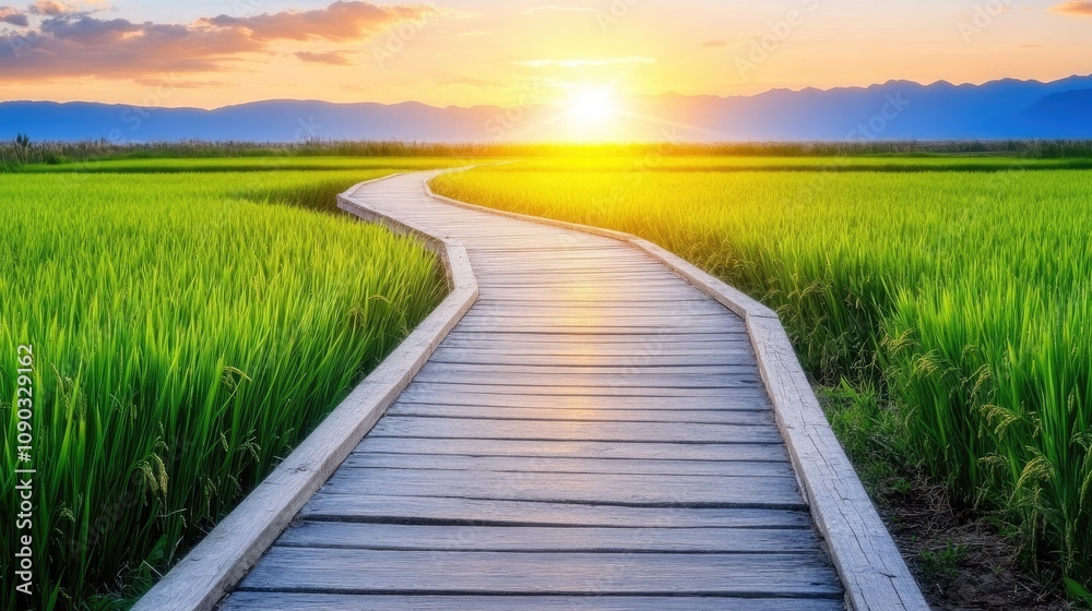 Fototapeta premium Serene Wooden Pathway Through Lush Green Rice Fields Under a Golden Sunrise with Majestic Mountains in the Background Emphasizing Natural Beauty and Tranquility