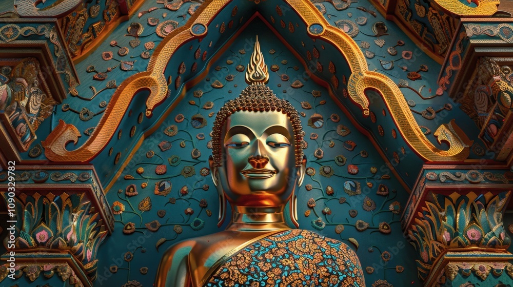 Fototapeta premium Serene Golden Buddha Amidst Colorful Patterns