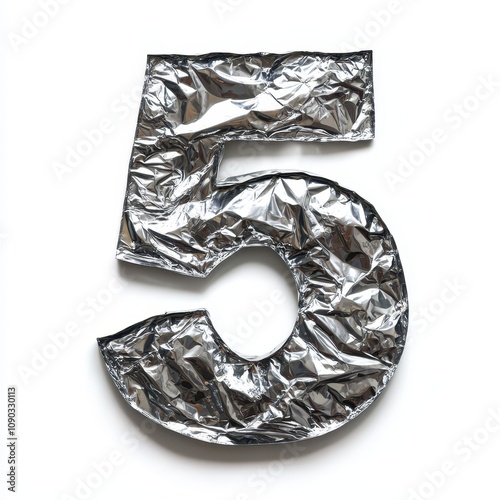 A shiny, crumpled silver foil number 5, likely used for decoration or celebration.